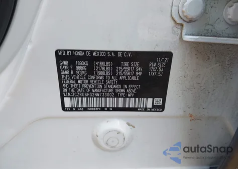 2022 Honda Hr-V Awd Lx z USA, uszkodzony, nr VIN 3CZRU6H32NM733002